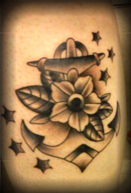 Black ink Anchor With Flower And Stars Tattoo Design For Sleeve
