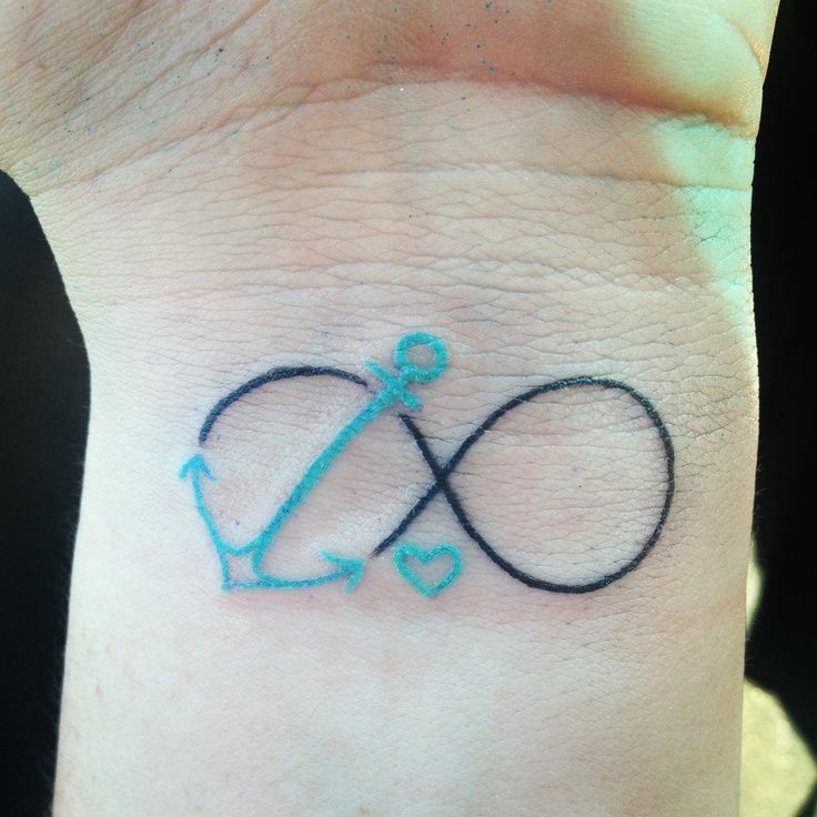 Blue And Black Infinity With Anchor And Heart Tattoo On Wrist