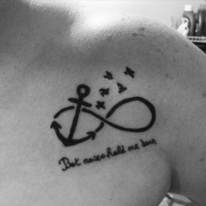 But Never Hold Me Down - Black Ink Anchor With Infinity And Flying Birds Tattoo On Left Front Shoulder