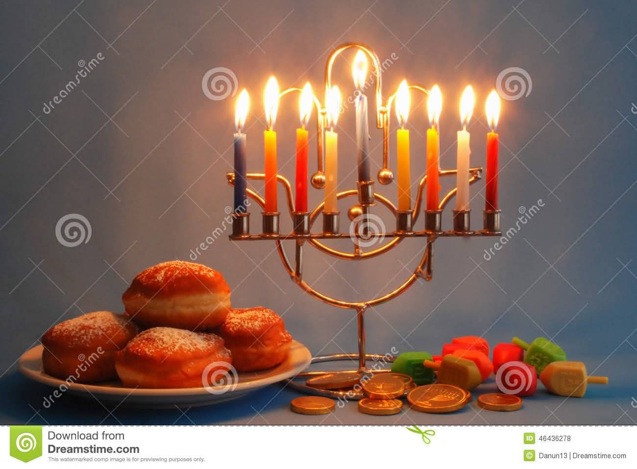 Chanukah Symbols Menorah, Candles, Donuts, Dreidels, Chocolate, Coins