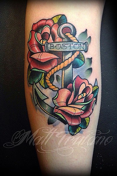 Classic 3D Neo Anchor With Roses Tattoo Design For Leg Calf