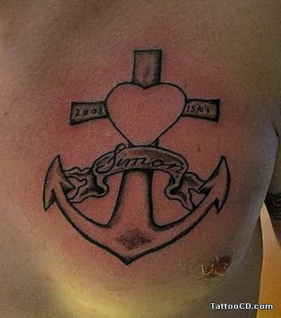 Classic Anchor Cross With Heart And Banner Tattoo On Man Chest