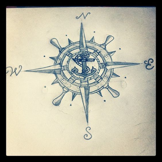 Classic Anchor In Compass Tattoo Design