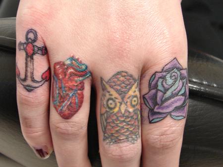 Classic Anchor, Real Heart, Owl And Rose Tattoo On Girl Right Fingers