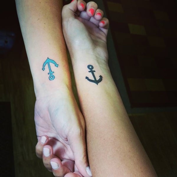 Classic Anchor Tattoo On Couple Wrist