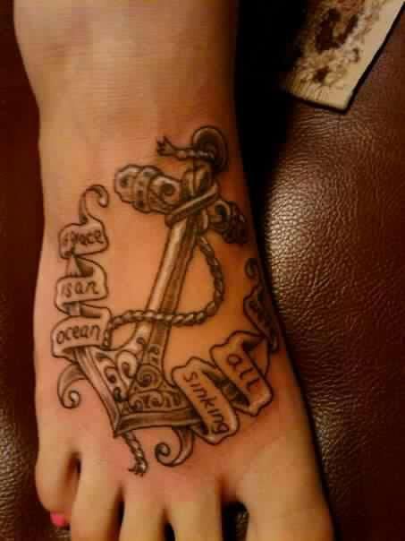Classic Anchor With Banner Tattoo On Girl Right Foot