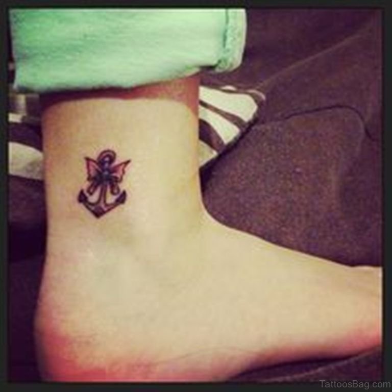 Classic Anchor With Bow Tattoo On Right Ankle