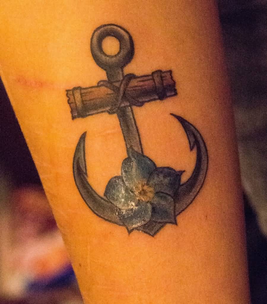 Classic Anchor With Flower Tattoo On Leg