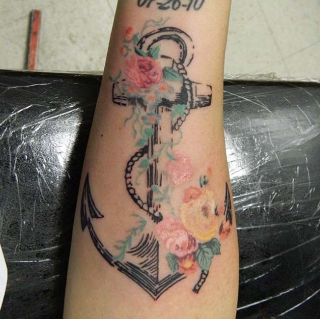 Classic Anchor With Flowers Tattoo Design For Forearm