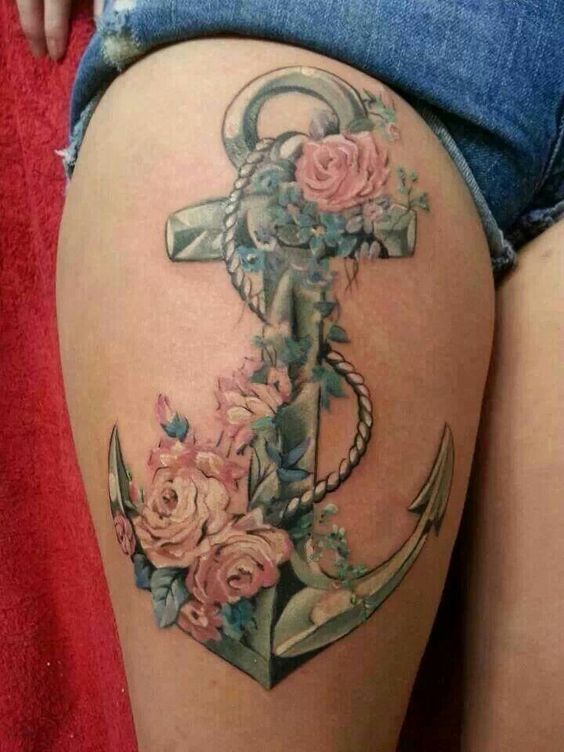 Classic Anchor With Flowers Tattoo On Women Right Thigh