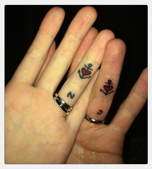 Classic Anchor With Heart Tattoo On Couple Finger
