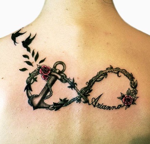 Classic Anchor With Infinity And Flying Birds Tattoo On Upper Back