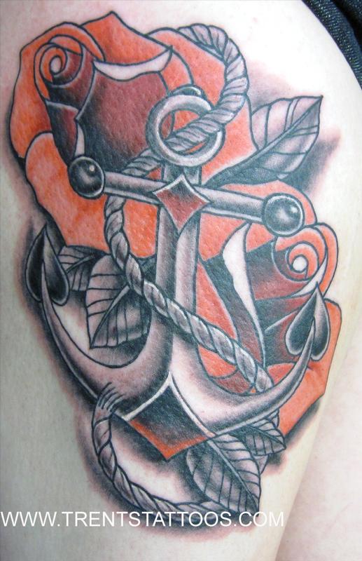 Classic Anchor With Rose Tattoo On Right Back Shoulder By Trent Edwards