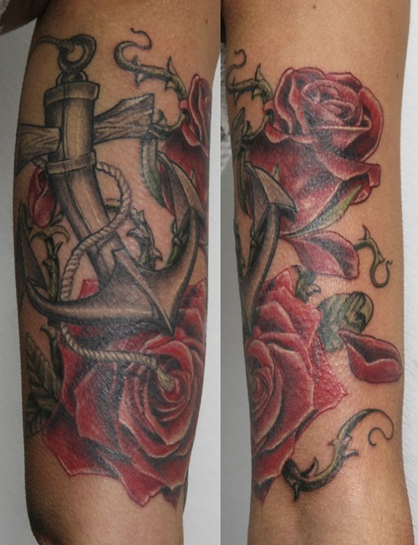 Classic Anchor With Roses Tattoo Design For Half Sleeve