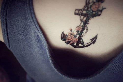 Classic Anchor With Roses Tattoo Design For Upper Back