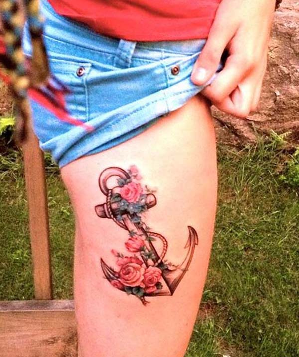 Classic Anchor With Roses Tattoo On Girl Right Side Thigh