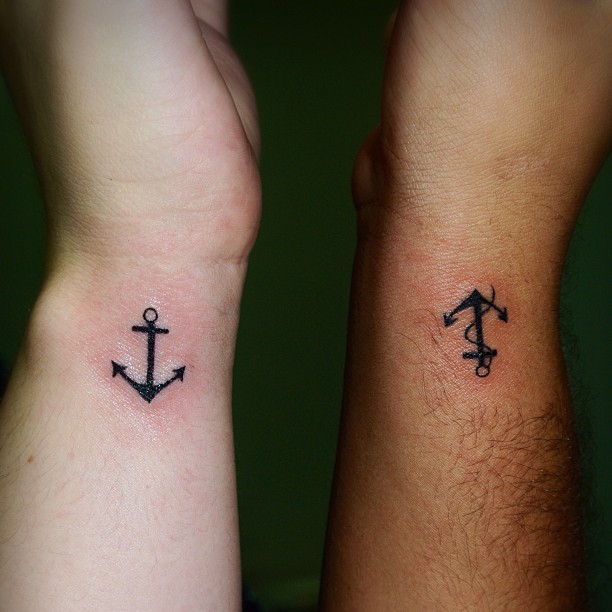 Classic Black Anchor Tattoo On Couple Side Wrist