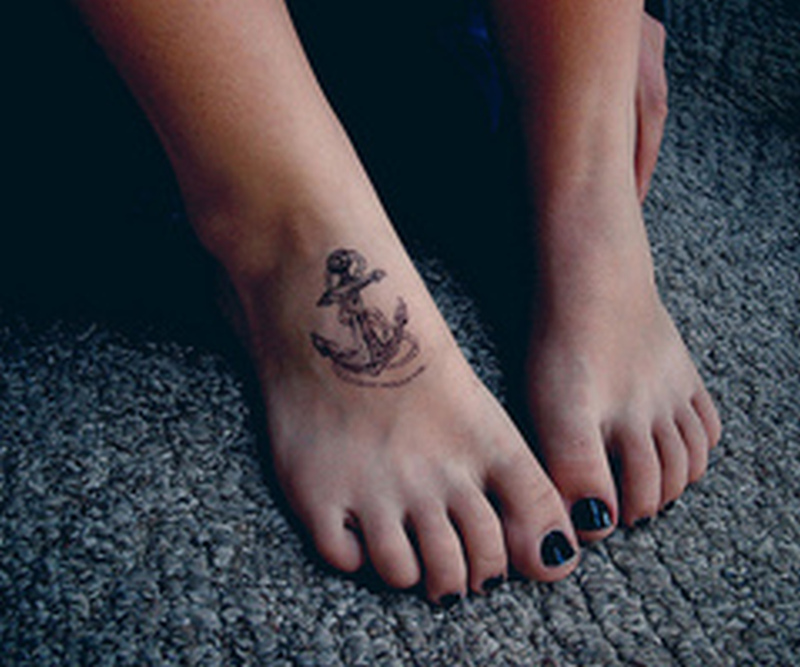 Classic Black Anchor Tattoo On Girl Right Foot