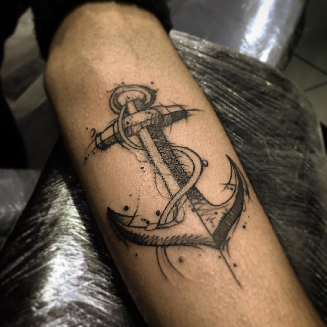 Classic Black And Grey Anchor Tattoo Design For Sleeve
