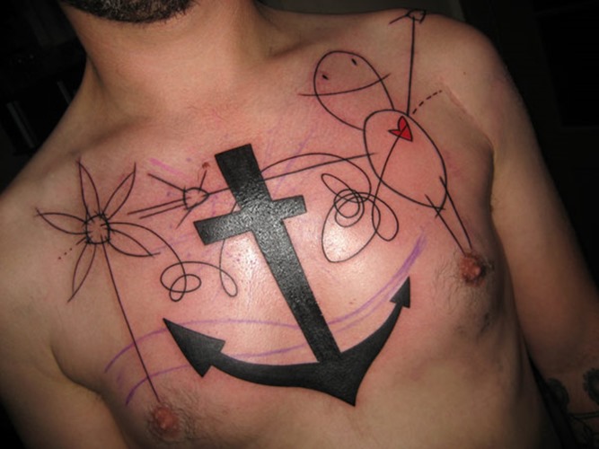 Classic Black Cross Anchor Tattoo On Man Chest