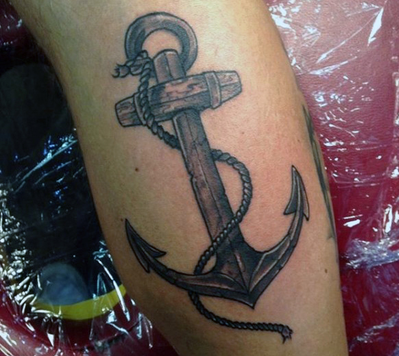 Classic Black Ink Anchor Cross Tattoo Design For Leg Calf