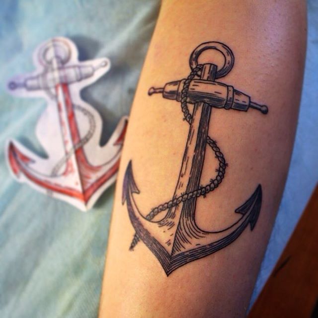 Classic Black Ink Anchor Tattoo Design For Forearm
