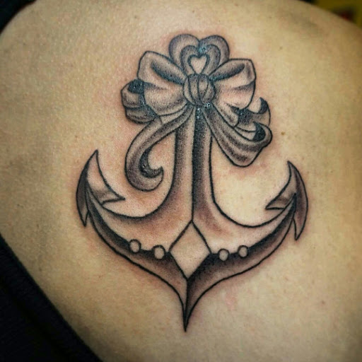 Classic Black Ink Anchor With Bow Tattoo Design