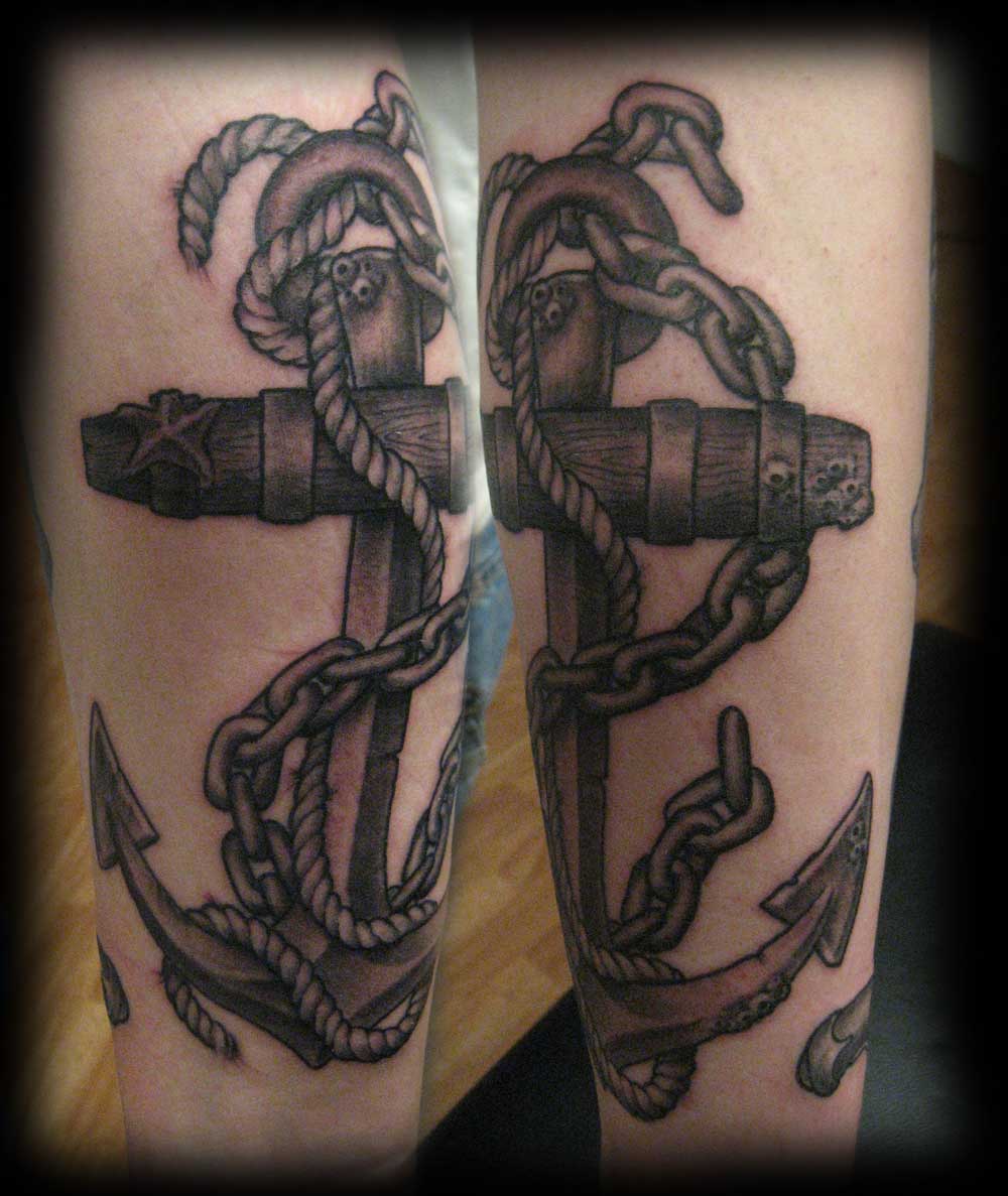 Classic Black Ink Anchor With Chain Tattoo Design For Sleeve