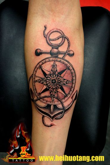 Classic Black Ink Anchor With Compass Tattoo On Forearm
