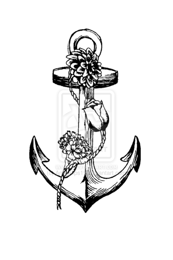 Classic Black Ink Anchor With Rope And Flowers Tattoo Design