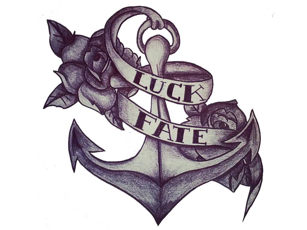 Classic Black Ink Anchor With Roses And Banner Tattoo Design