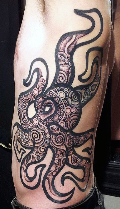Classic Black Ink Japanese Octopus Tattoo On Man Left Side Rib
