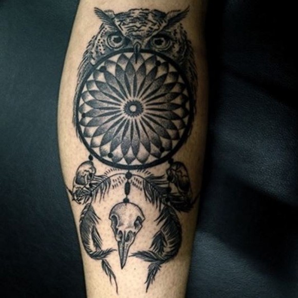 Classic Black Ink Owl Dreamcatcher Tattoo Design For Leg