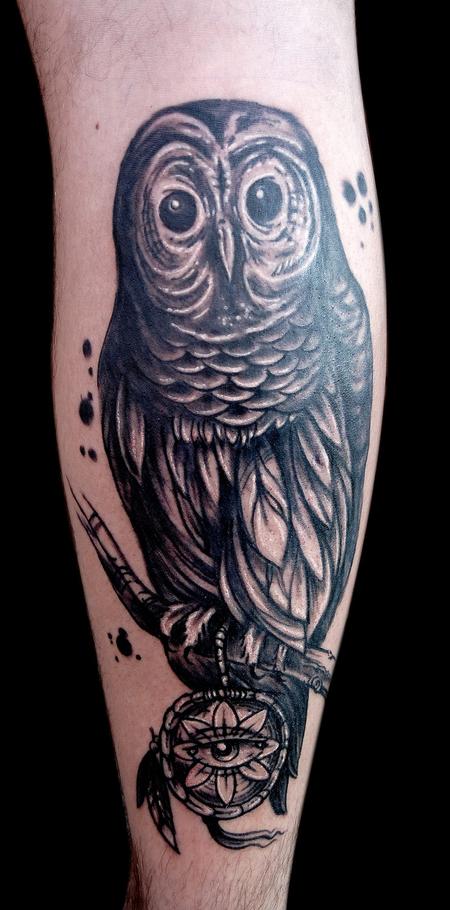 Classic Black Ink Owl On Branch Tattoo Design For Leg Calf