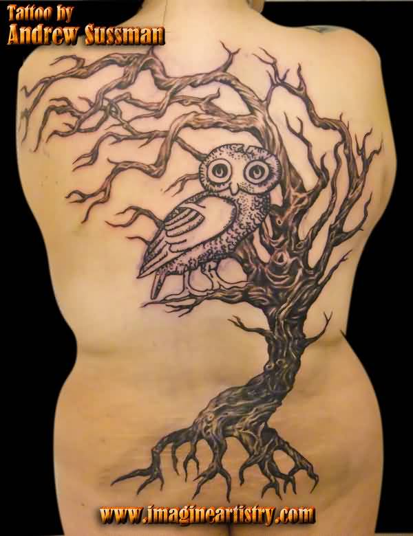 Classic Black Ink Owl On Tree Without Leaves Tattoo On Full Back By Asussman