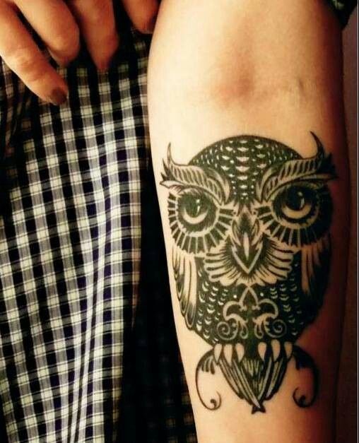 Classic Black Ink Owl Tattoo On Left Forearm