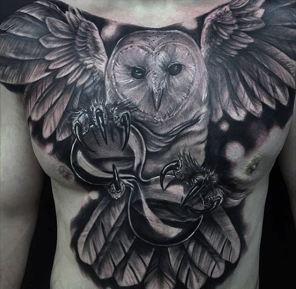 Classic Black Ink Owl With Hourglass Tattoo On Man Chest