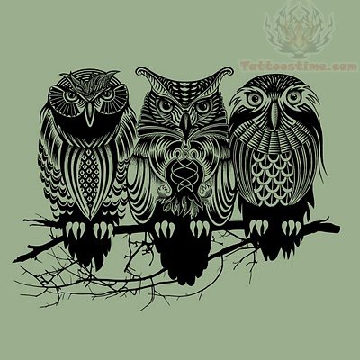 Classic Black Ink Three Owl On Tree Tattoo Design