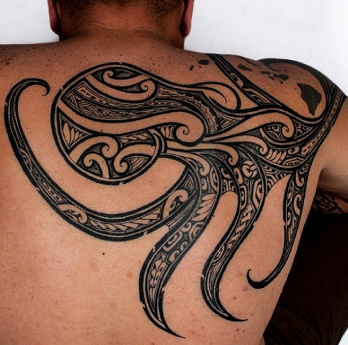 Classic Black Ink Tribal Octopus Tattoo On Man Right Back Shoulder By Kenny Brown
