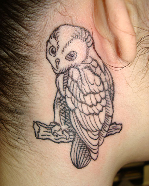 Classic Black Outline Owl Tattoo On Girl Right Behind The Ear