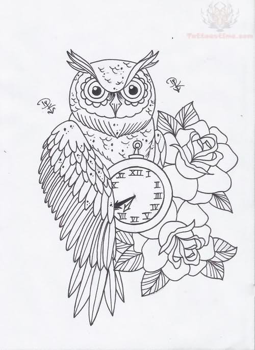 Classic Black Outline Owl With Clock And Roses Tattoo Stencil