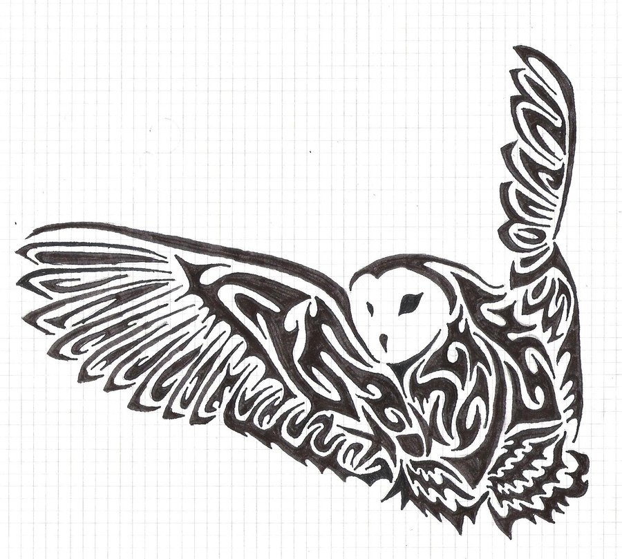 Classic Black Tribal Flying Owl Tattoo Design