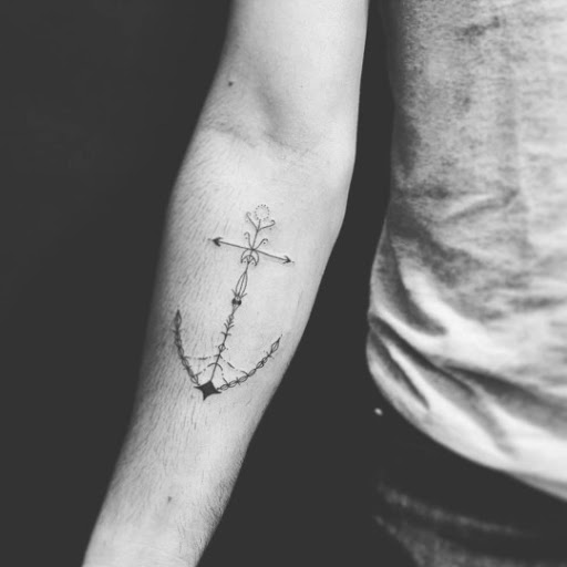 Classic Black ink Anchor Tattoo On Man Right Forearm
