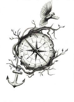 Classic Compass With Flying Bird And Anchor Tattoo Design