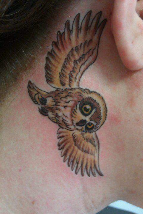 Classic Flying Owl Tattoo On Girl Right Behind The Ear