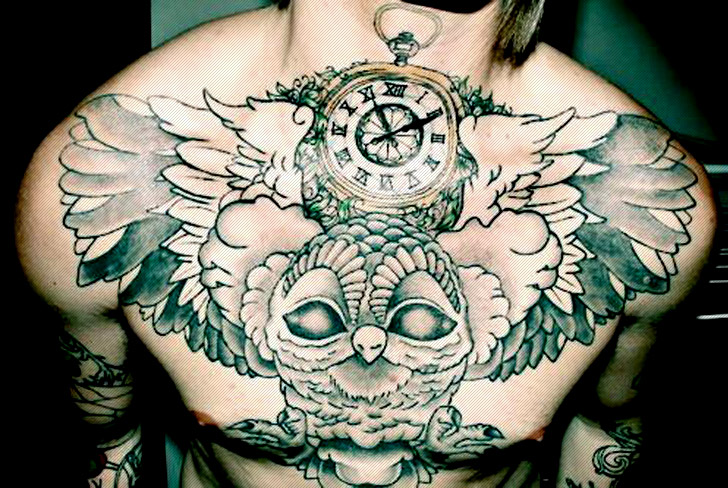 Classic Flying Owl With Clock Tattoo On Man Chest