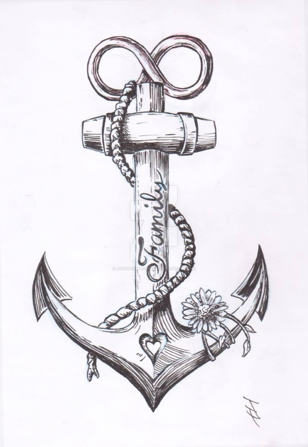 Classic Grey Ink Anchor With Flowers Tattoo Design