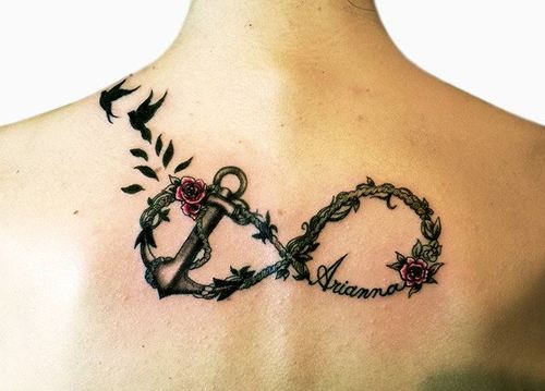Classic Infinity With Anchor And Flying Birds Tattoo On Upper Back