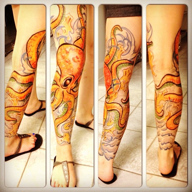 Classic Octopus Tattoo On Girl Right Leg