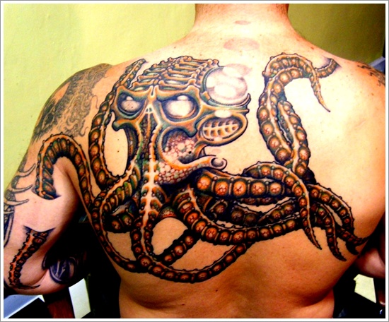 Classic Octopus Tattoo On Man Upper Back